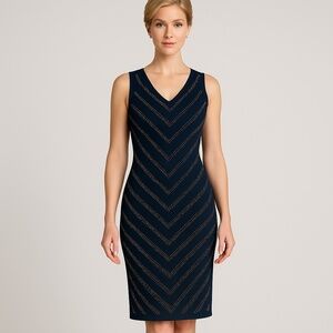 Carmen Marc Valvo Studded Chevron Dress Navy Gold V-Neck Sleeveless Small NWT